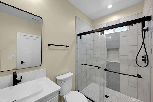 5350 Filbert St, Paradise, CA 95969 - bathroom featuring vanity, a shower stall, and recessed lighting
