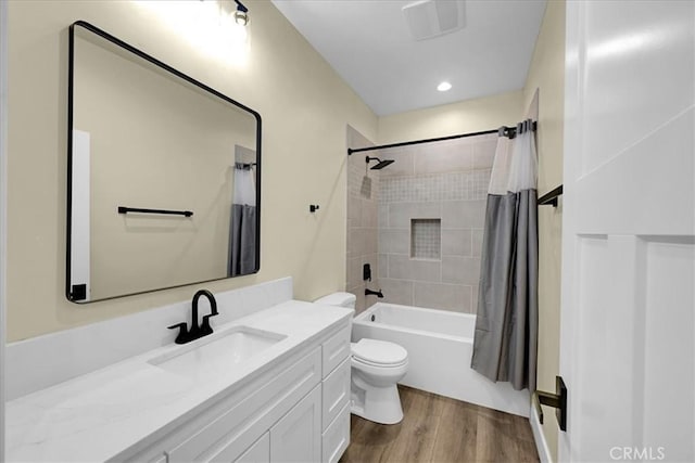 5350 Filbert St, Paradise, CA 95969 - full bath with vanity, wood finished floors, and shower / bathtub combination with curtain