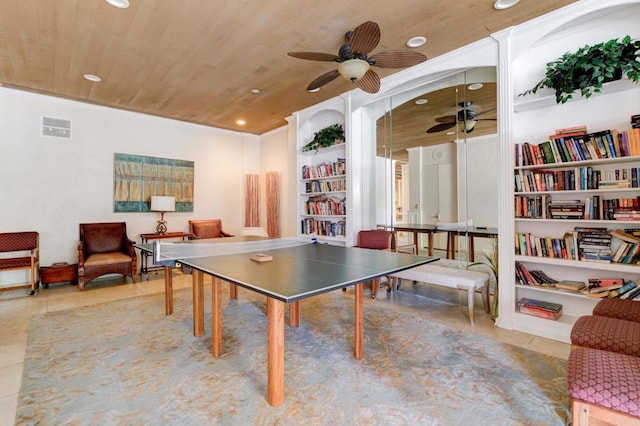 4600 Lamont St Unit 106, San Diego, CA 92109 - game room with ceiling fan, recessed lighting, built in features, wood ceiling, and tile patterned floors