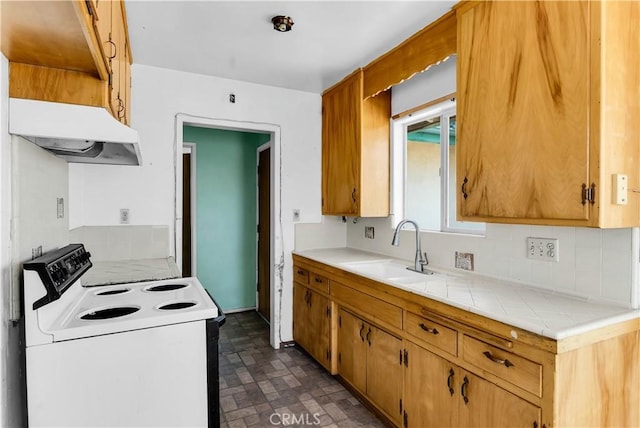 57136 Navajo Trl, Yucca Valley, CA 92284 - kitchen featuring electric stove, range hood, and tasteful backsplash