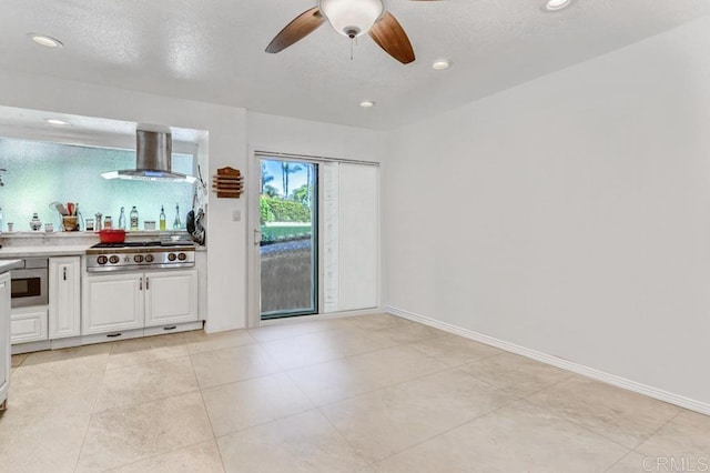 4014 Aguila St Unit F, Carlsbad, CA 92008 - bar with wall chimney exhaust hood, stainless steel gas cooktop, ceiling fan, a textured ceiling, and recessed lighting