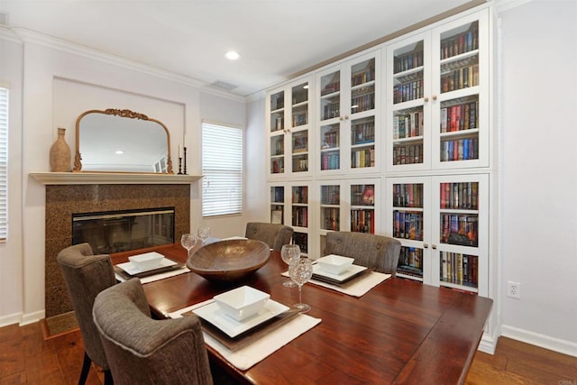 13748 Torrey Glenn Rd, San Diego, CA 92129 - dining space featuring crown molding, wood finished floors, a fireplace, and recessed lighting