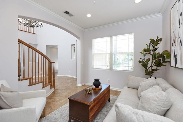 13748 Torrey Glenn Rd, San Diego, CA 92129 - living room featuring ornamental molding, stairs, arched walkways, and recessed lighting