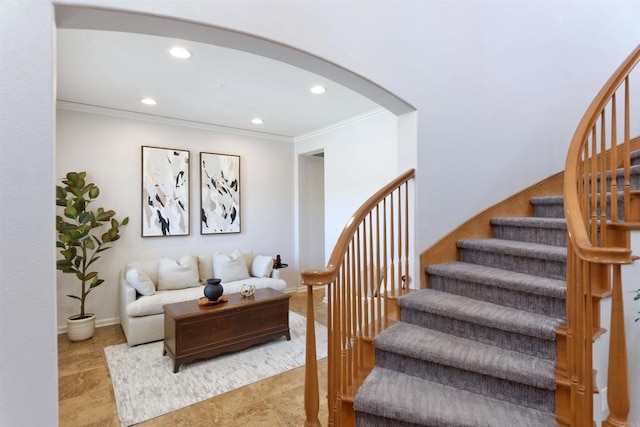 13748 Torrey Glenn Rd, San Diego, CA 92129 - living area featuring stairway, recessed lighting, ornamental molding, and arched walkways