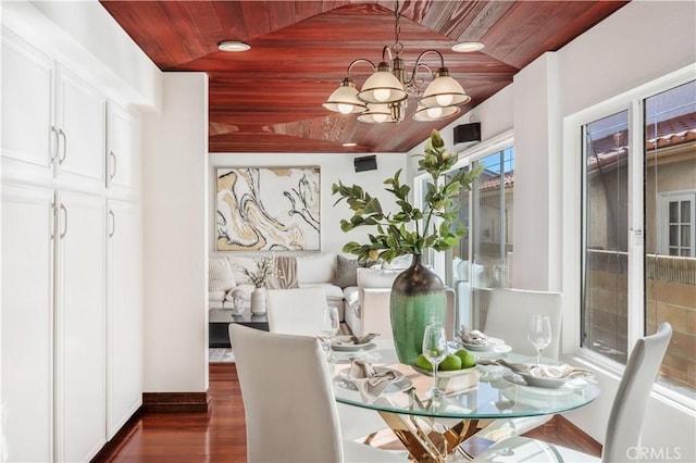 9 Aberdeen St, Irvine, CA 92620 - dining space with wooden ceiling, a chandelier, and dark wood-type flooring