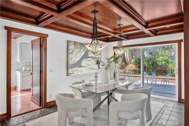 9 Aberdeen St, Irvine, CA 92620 - dining room with ornamental molding, coffered ceiling, beamed ceiling, and stone tile flooring