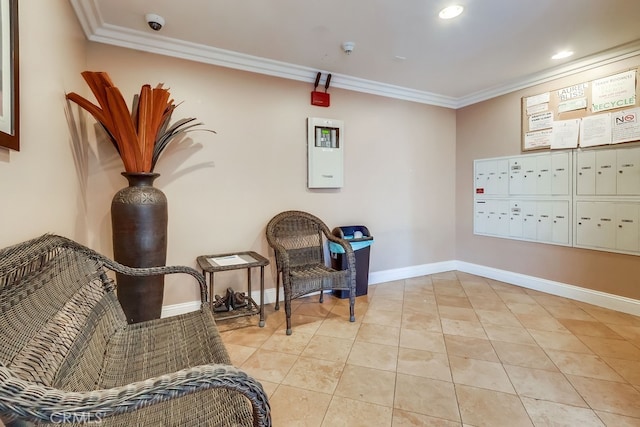 6938 Laurel Canyon Blvd Unit 101, North Hollywood, CA 91605 - living area featuring mail area, ornamental molding, light tile patterned flooring, and recessed lighting