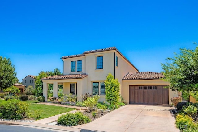 16210 Bluestar Way, San Diego, CA 92127 - mediterranean / spanish-style house featuring a tiled roof, stucco siding, an attached garage, concrete driveway, and a front yard