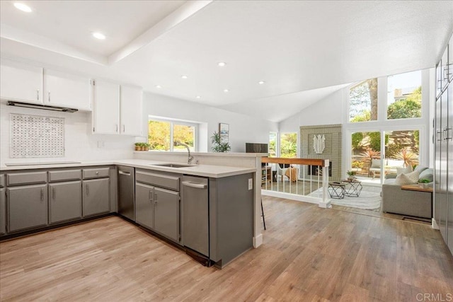 1879 Falconer Ct, Vista, CA 92081 - kitchen featuring a peninsula, light wood-style flooring, light countertops, white cabinetry, and electric cooktop