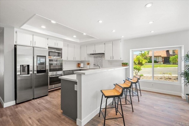 1879 Falconer Ct, Vista, CA 92081 - kitchen featuring appliances with stainless steel finishes, recessed lighting, a tray ceiling, a peninsula, and light countertops