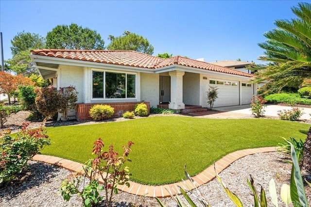 1879 Falconer Ct, Vista, CA 92081 - mediterranean / spanish home with a garage, a tiled roof, stucco siding, and a front lawn