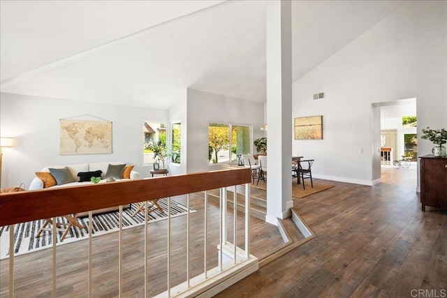 1879 Falconer Ct, Vista, CA 92081 - hall with high vaulted ceiling and hardwood / wood-style floors