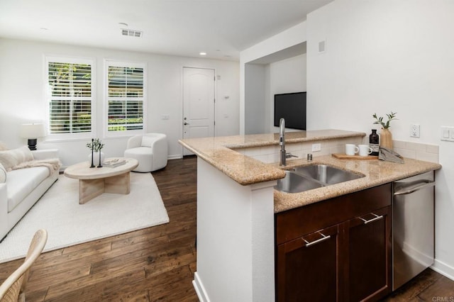 10667 Golden Willow Unit 152, San Diego, CA 92130 - kitchen with dishwasher, dark wood-style floors, light stone countertops, dark brown cabinetry, and a peninsula