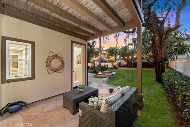 507 Corte Del Oro, San Clemente, CA 92673 - patio terrace at dusk with a patio, a fenced backyard, and outdoor lounge area