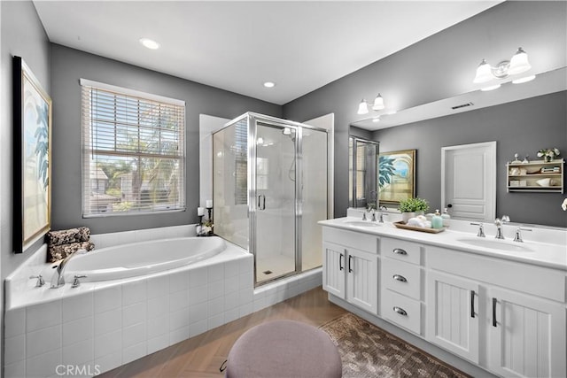 507 Corte Del Oro, San Clemente, CA 92673 - bathroom with double vanity, a garden tub, a stall shower, and recessed lighting