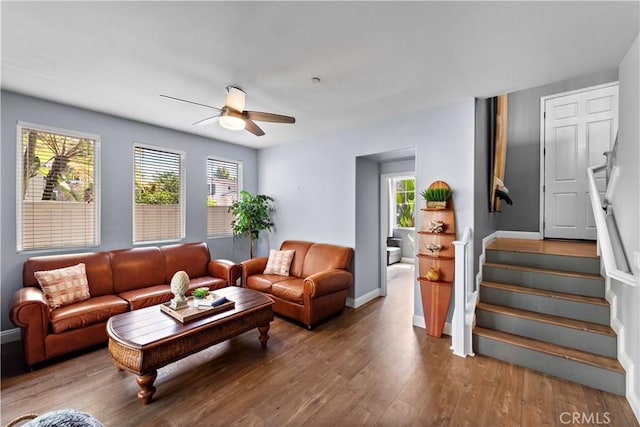 507 Corte Del Oro, San Clemente, CA 92673 - living room featuring a ceiling fan, wood finished floors, and stairs