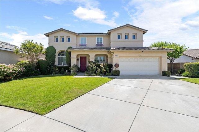 6411 Puma Pl, Rancho Cucamonga, CA 91737 - mediterranean / spanish house featuring stucco siding, driveway, a front yard, and a garage