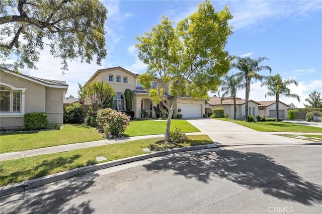 6411 Puma Pl, Rancho Cucamonga, CA 91737 - traditional-style house with concrete driveway, stucco siding, an attached garage, and a front lawn