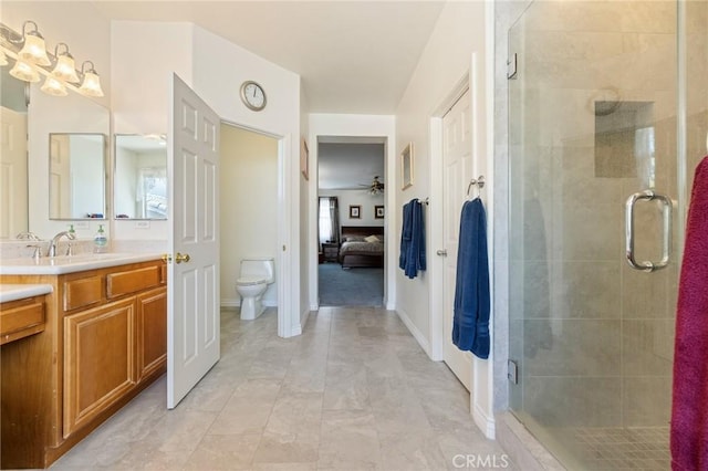 6411 Puma Pl, Rancho Cucamonga, CA 91737 - full bathroom with vanity, a stall shower, a ceiling fan, and ensuite bathroom