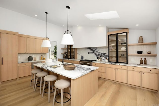 3835 Humboldt Dr, Huntington Beach, CA 92649 - kitchen featuring light brown cabinetry, open shelves, backsplash, and recessed lighting