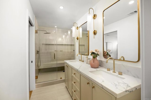 3835 Humboldt Dr, Huntington Beach, CA 92649 - bathroom featuring double vanity, a shower stall, and recessed lighting