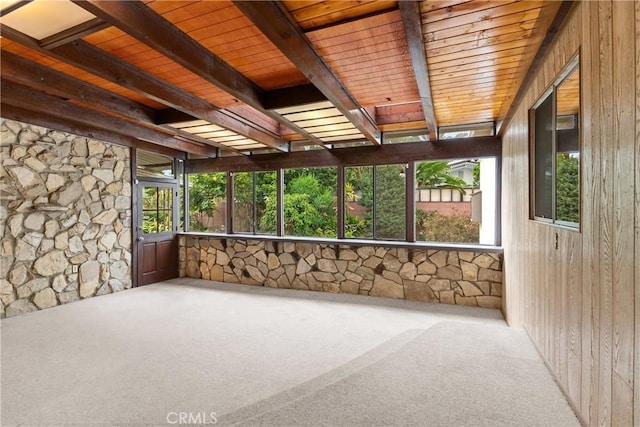 12319 Aneta St, Culver City, CA 90230 - unfurnished sunroom with carpet, wooden walls, and beam ceiling