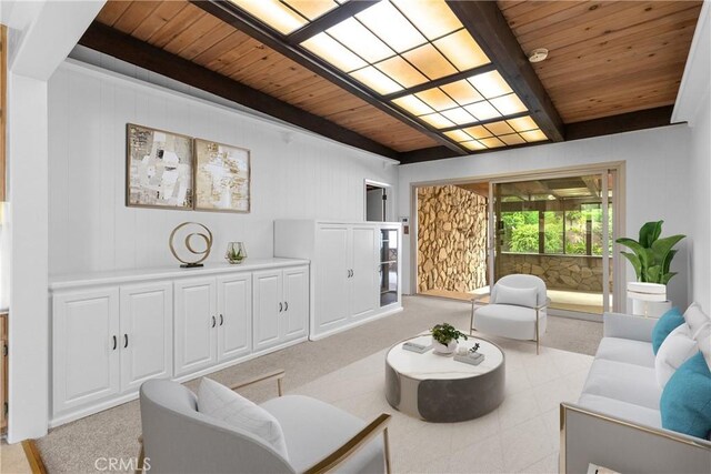 12319 Aneta St, Culver City, CA 90230 - living room featuring a wooden ceiling with exposed beams and light carpet