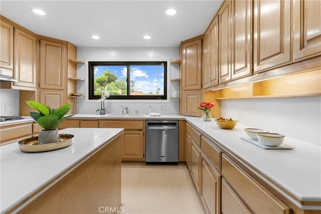 12319 Aneta St, Culver City, CA 90230 - kitchen with stainless steel appliances, open shelves, light countertops, and recessed lighting