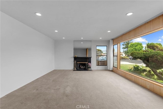 12319 Aneta St, Culver City, CA 90230 - unfurnished living room with carpet, recessed lighting, a fireplace with flush hearth, and cooling unit
