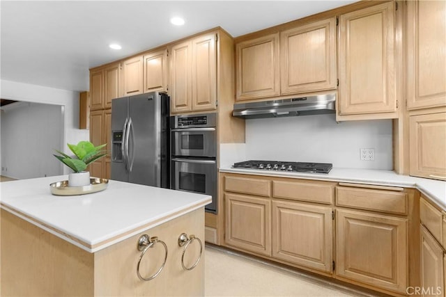 12319 Aneta St, Culver City, CA 90230 - kitchen with appliances with stainless steel finishes, under cabinet range hood, light brown cabinetry, and recessed lighting