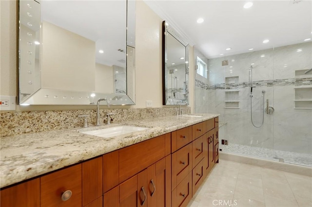 39 Foxhill, Irvine, CA 92604 - full bathroom with a stall shower, double vanity, tile patterned flooring, and recessed lighting
