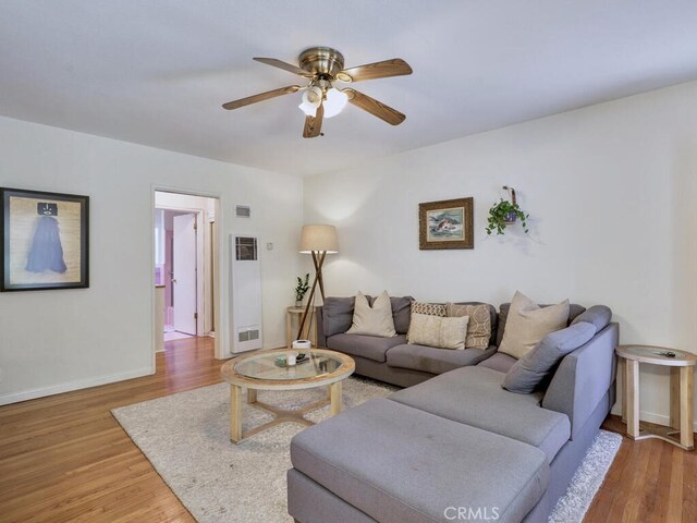3042 E 3rd St Unit 5, Long Beach, CA 90814 - living room featuring a ceiling fan, wood finished floors, and a heating unit