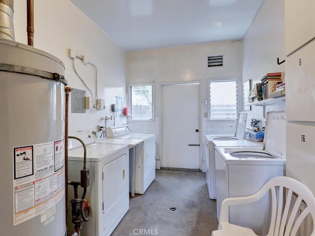 3042 E 3rd St Unit 5, Long Beach, CA 90814 - washroom featuring strapped water heater, washing machine and clothes dryer, plenty of natural light, and electric panel
