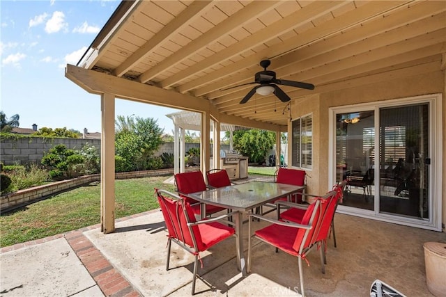 20241 Edmund Rd, Riverside, CA 92508 - fenced backyard featuring a patio, a ceiling fan, and outdoor dining space