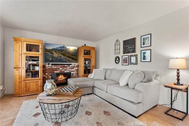 20241 Edmund Rd, Riverside, CA 92508 - living room featuring a brick fireplace and light tile patterned floors