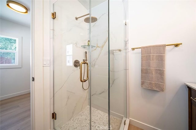 1951 Wagner St, Pasadena, CA 91107 - full bath featuring a marble finish shower, vanity, and wood finished floors
