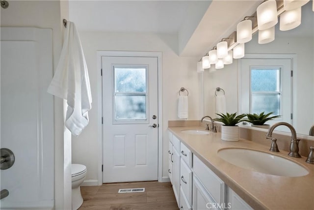 6330 N Wilson Ave, Fresno, CA 93704 - bathroom featuring healthy amount of natural light, double vanity, and wood finished floors