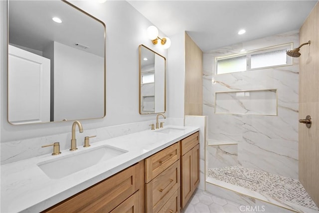 9211 Regency Way, Rancho Cucamonga, CA 91701 - full bath featuring double vanity, a marble finish shower, and recessed lighting