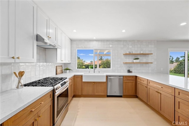 9211 Regency Way, Rancho Cucamonga, CA 91701 - kitchen featuring stainless steel appliances, under cabinet range hood, tasteful backsplash, recessed lighting, and open shelves