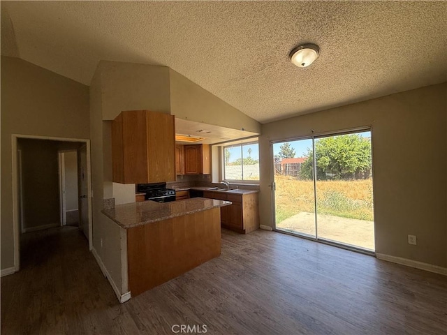 15569 Athol St, Fontana, CA 92335 - kitchen with vaulted ceiling, brown cabinets, wood finished floors, a peninsula, and a textured ceiling