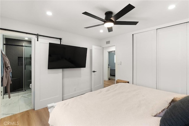 10171 Kukui Dr, Huntington Beach, CA 92646 - bedroom with recessed lighting, connected bathroom, a closet, and ceiling fan