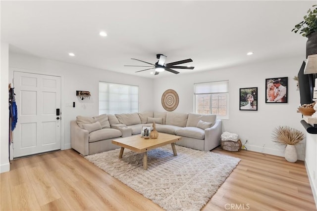 10171 Kukui Dr, Huntington Beach, CA 92646 - living room featuring ceiling fan, recessed lighting, and light wood-style floors
