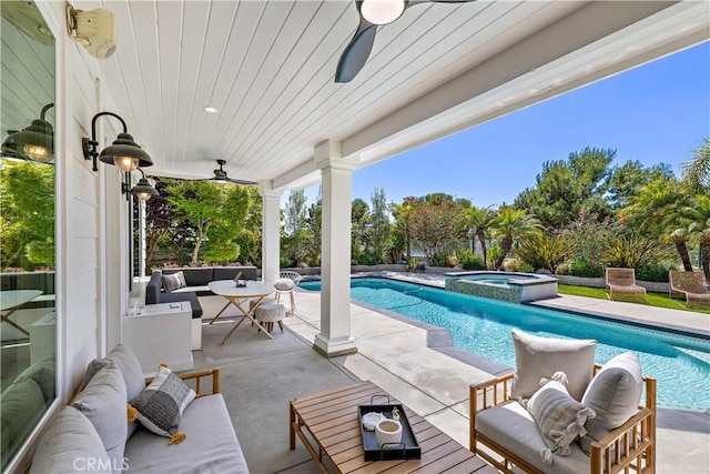 2 Sun Ter, Laguna Niguel, CA 92677 - view of swimming pool featuring an outdoor living space, a patio, a pool with connected hot tub, and ceiling fan