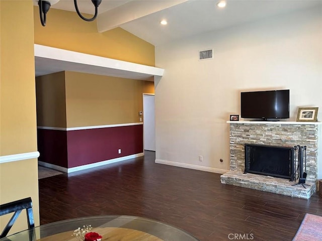 6914 Andasol Ave, Van Nuys, CA 91406 - unfurnished living room featuring wood finished floors, a stone fireplace, and recessed lighting