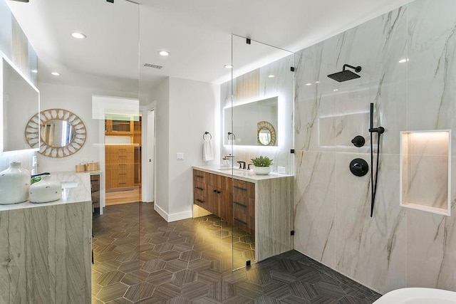 245 S Via Montanera, Anaheim Hills, CA 92807 - bathroom with a marble finish shower, vanity, and recessed lighting