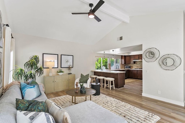 245 S Via Montanera, Anaheim Hills, CA 92807 - living room with a ceiling fan, beam ceiling, light wood-type flooring, and high vaulted ceiling