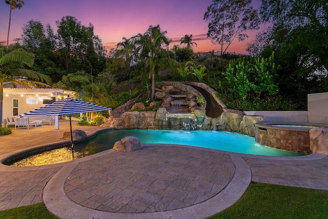 245 S Via Montanera, Anaheim Hills, CA 92807 - pool at dusk with a patio and a pool with connected hot tub