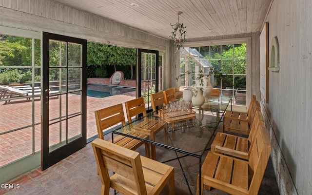 1241 S Oak Knoll Ave, Pasadena, CA 91106 - sunroom / solarium featuring wood ceiling, brick flooring, and wooden walls