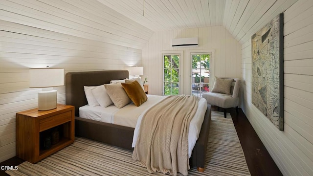 1241 S Oak Knoll Ave, Pasadena, CA 91106 - bedroom featuring lofted ceiling, wooden walls, wooden ceiling, and a wall unit AC