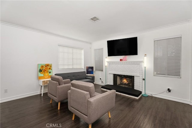 11521 Double Eagle Dr, Whittier, CA 90604 - living room featuring wood finished floors, ornamental molding, and a brick fireplace